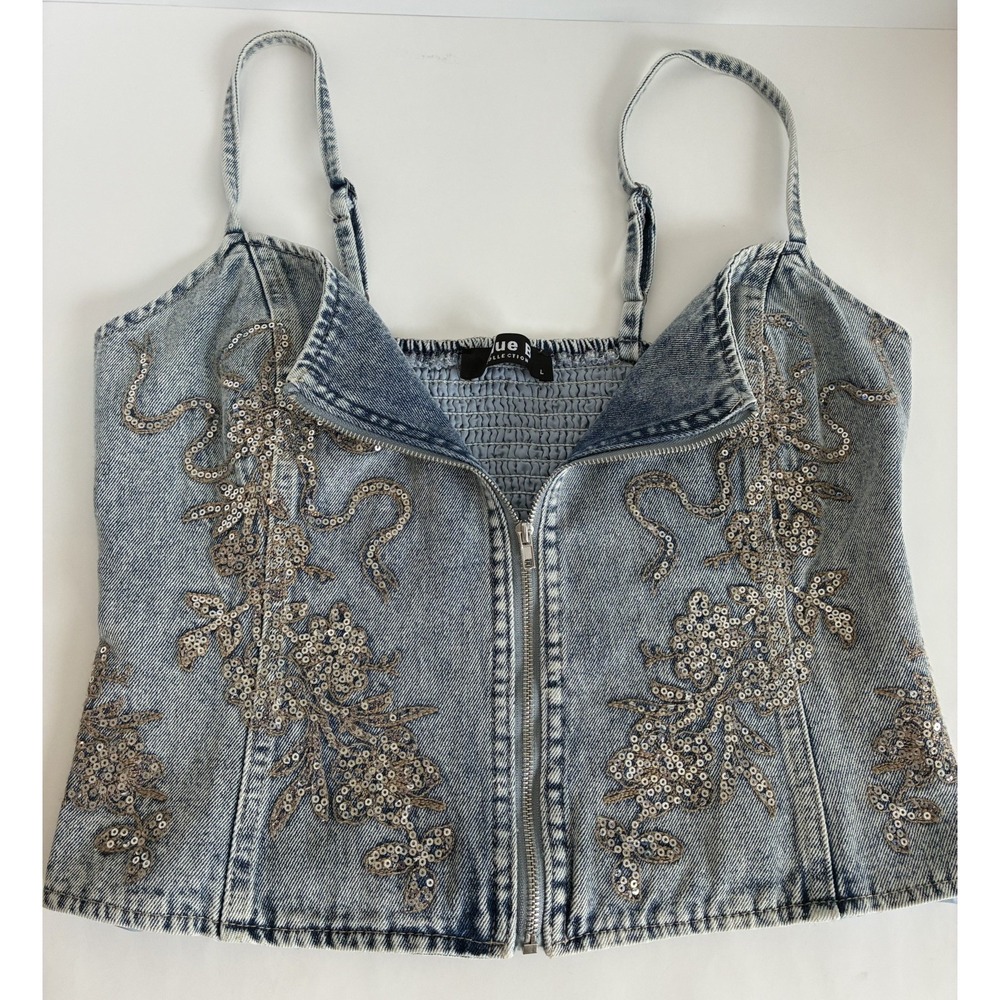 Y2K~ Rhinestone Denim Corset Crop Top~Blue B Size L NWOT